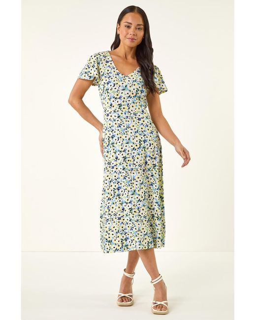 Roman White Petite Floral V-Neck Midi Dress