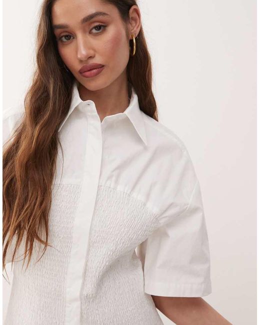 Amy Lynn Natural Smocked Shirt Mini Dress With Shirred Bodice