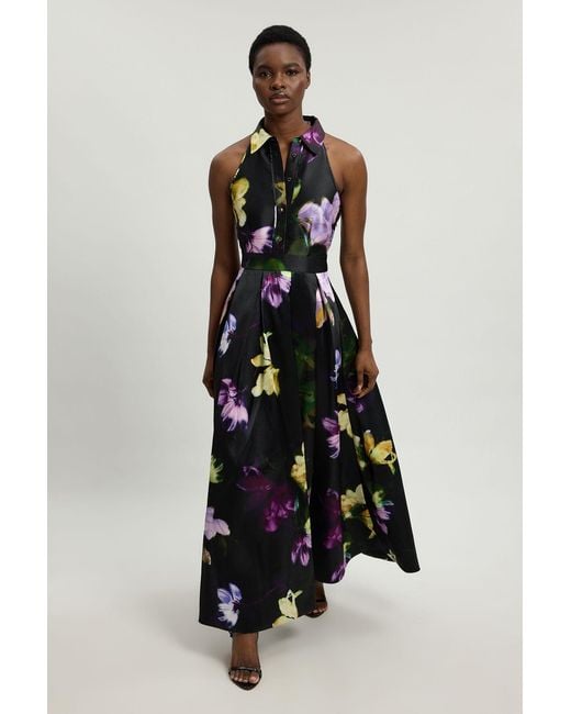 Karen Millen White Floral Woven Twill Collared Maxi Dress