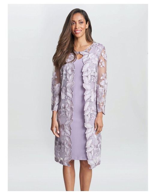 Gina Bacconi Purple Savoy Embroidered Lace Mock Jacket With Jersey Dress