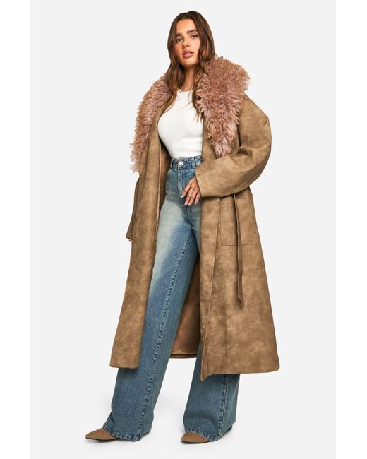 Boohoo Natural Faux Fur Collar Vintage Look Leather Trench Coat