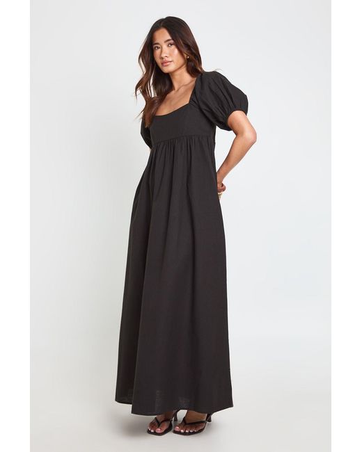 Boohoo Black Linen Puff Sleeve Shirred Maxi Dress