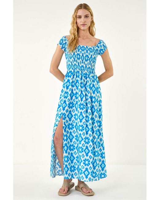 Roman Blue Aztec Bardot Dress