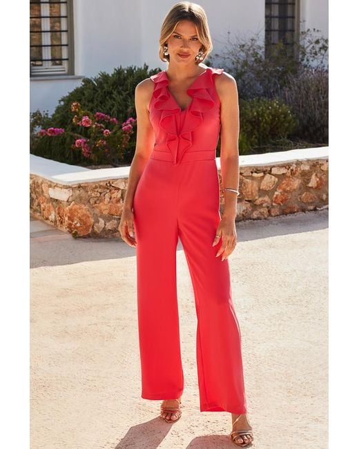 Sosandar Red Ruffle Detail Wide Leg Jumpsuit