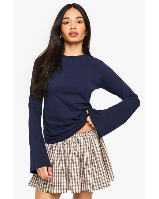 Boohoo Blue Cotton Flare Sleeve Top