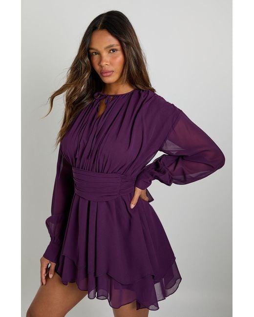 Boohoo Purple Chiffon Long Sleeve Skater Dress