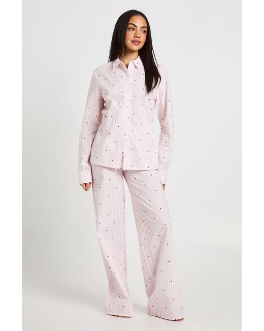 Boohoo Pink Cotton Poplin Pinstripe Heart Print Long Sleeve Shirt & Trouser Pyjama Set