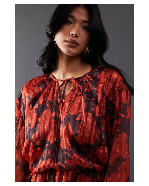 Warehouse Red Print Shadow Stripe Volume Sleeve Mini Dress