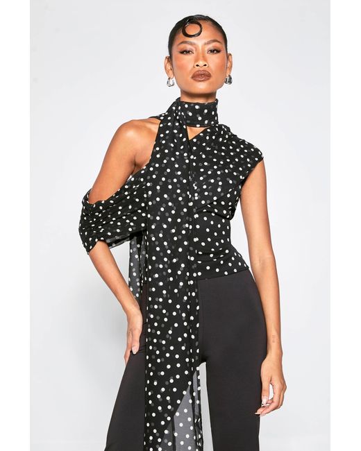 Boohoo Black Polka Dot Chiffon Asymmetric Wrap Top