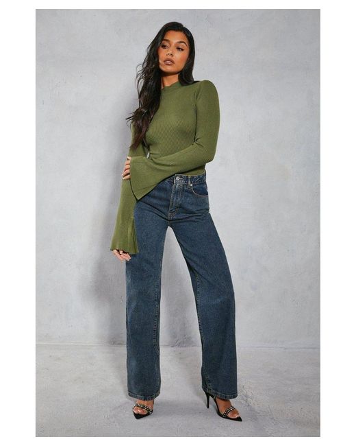 MissPap Green Knitted Ribbed High Neck Top