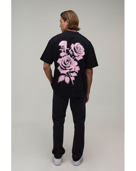 BoohooMAN Black Oversized Dotted Floral Print T-Shirt Cotton for men