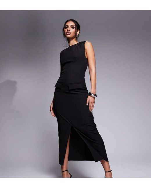 Kaiia Black Exclusive Tailored Sleeveless High Neck Pocket Detail Split Front Maxi Dress