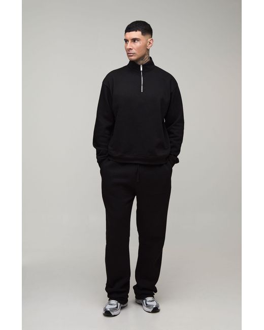 BoohooMAN Black Tall Oversized Boxy Quarter Zip Funnel Sweatshirt & Straight Jogger Tracksuit for men