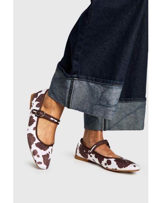 Boohoo Blue Cow Print Faux Pony Skin Mary Jane Ballets