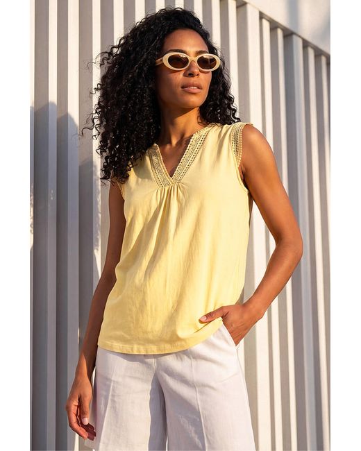 Roman Yellow Sleeveless V-Neck Lace Trim Cotton Top