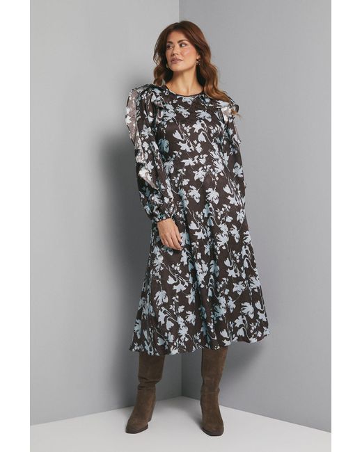 Wallis Gray Floral Satin Jacquard Ruffle Midi Dress