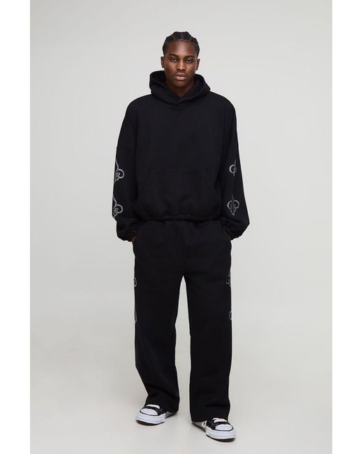 BoohooMAN Blue Oversized Embellished Batwing Hoodie And Wide Leg Jogger Tracksuit for men