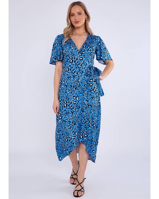 Gini London Blue Animal Print Viscose Wrap Midi Dress