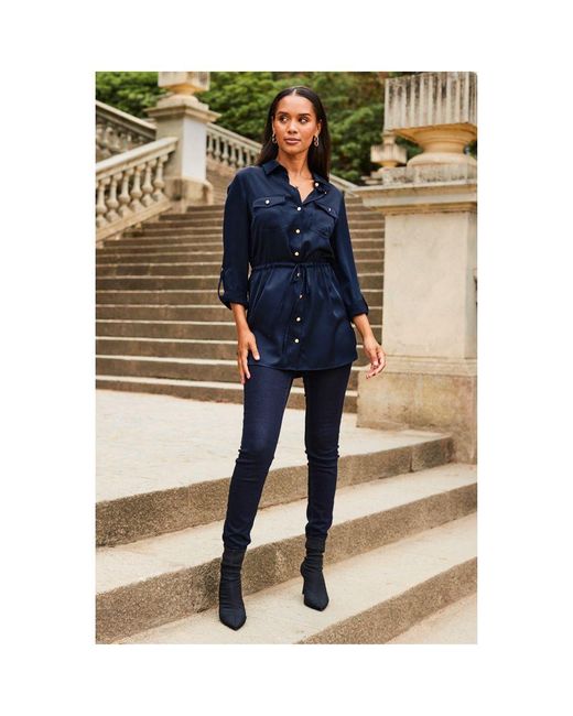 Sosandar Blue Satin Utility Tie Waist Shirt