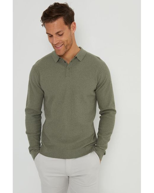 Threadbare Green Long Sleeve Textured Knitted Polo for men