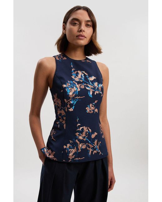 Karen Millen Blue Satin Sequin And Embroidery Woven Top