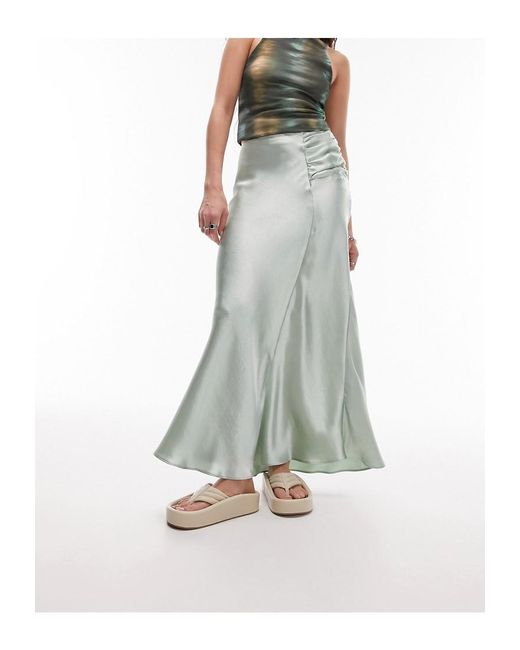 TOPSHOP Green Asymmetric Maxi Skirt With Ruched Panel