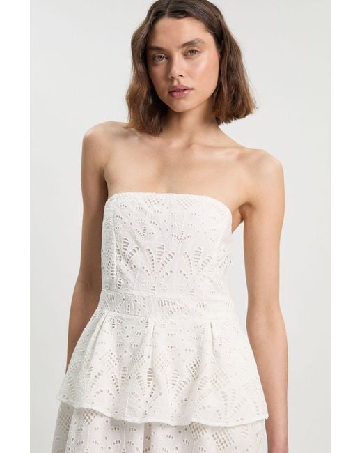 Karen Millen White Cotton Broderie Peplum Bandeau Midi Dress