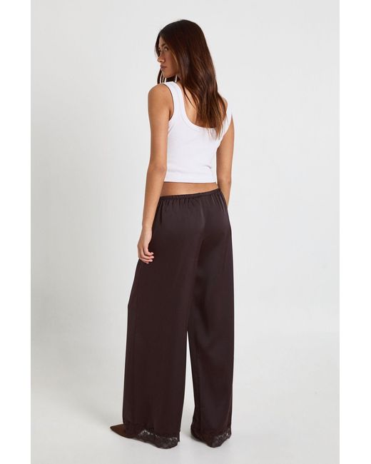 Boohoo Brown Satin Lace Trim Wide Leg Trousers