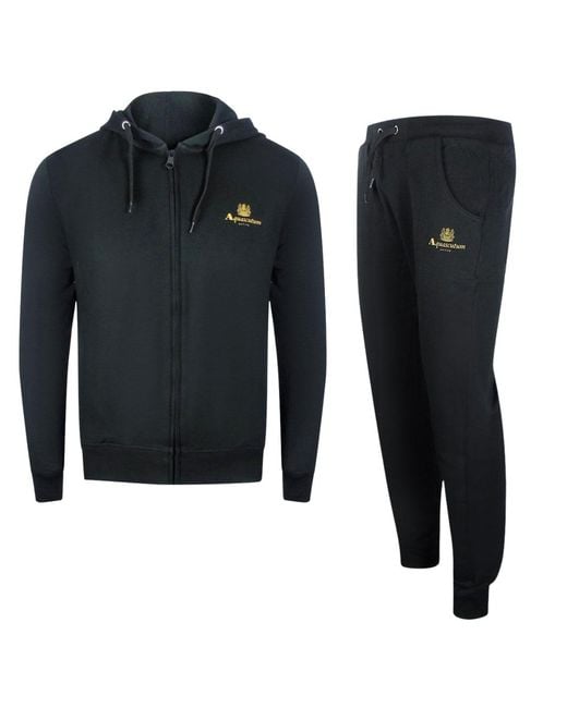Aquascutum Black Zip-Up Hoodie And Track Pants Set Cotton for men