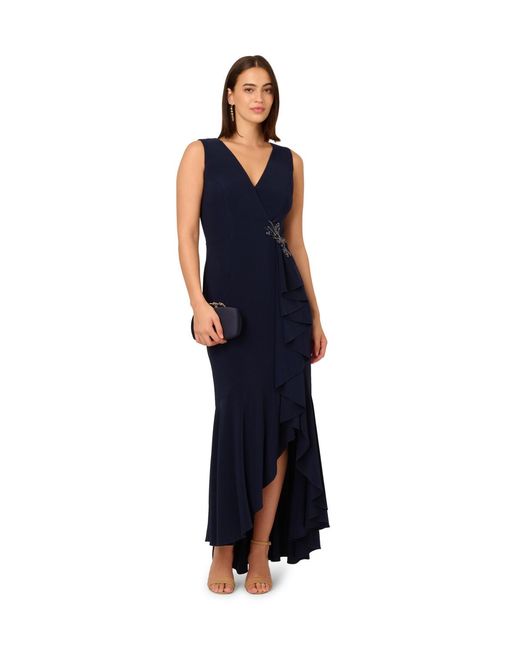 Adrianna Papell Blue Studio Ruffle Flounce Jersey Gown