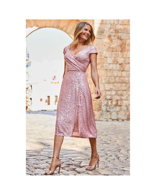 Sosandar Pink Sequin Wrap Front Fit & Flare Dress