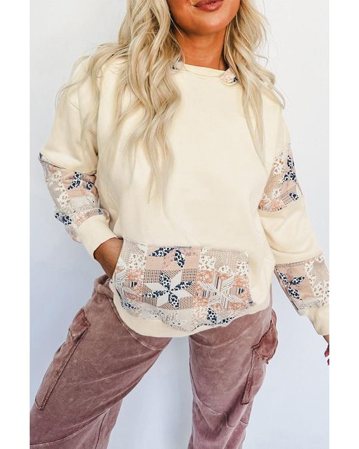 Azura Exchange Natural Patchwork-Ärmel Rundhals-Sweatshirt