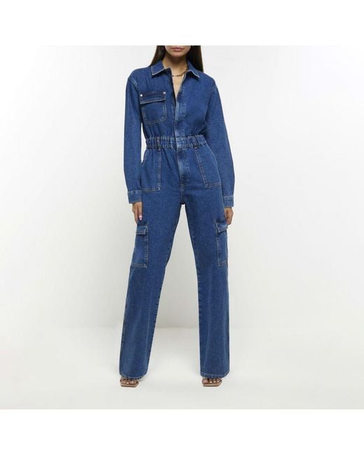 River Island Blue Jumpsuit Denim Utility Cotton
