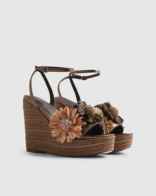 River Island Brown Wedge Sandals 3D Raffia Flower Del Maar Pu