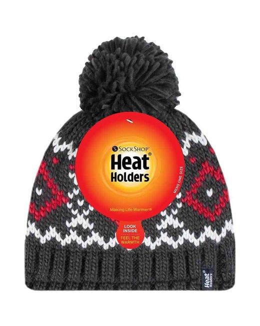 Heat Holders Black Fleece Lined Thermal Winter Warm Beanie Bobble Hat With Pom Pom for men