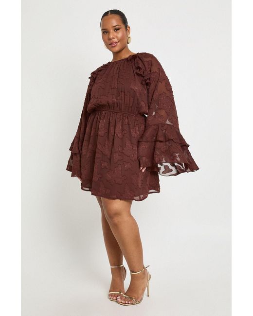 Boohoo Red Plus Burnout Floral Ruffle Smock Dress