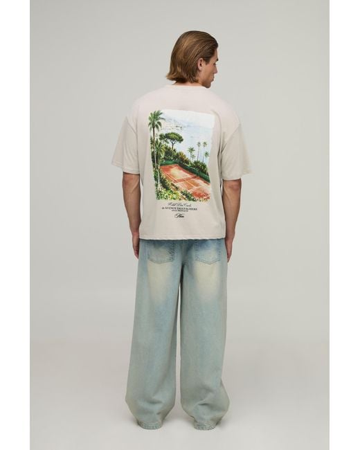 BoohooMAN Gray Oversized Boxy Script Tennis Court Print T-Shirt for men
