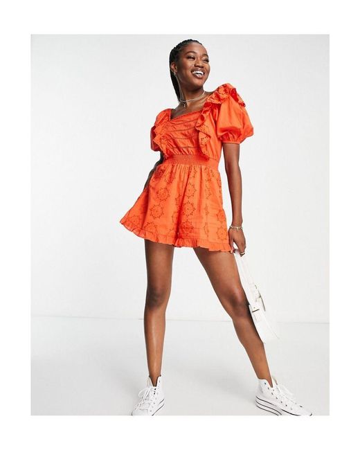 Miss Selfridge Red Broderie Frill Detail Playsuit