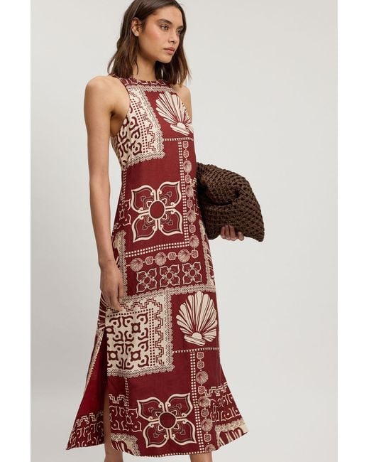 Karen Millen Red Linen Viscose Tile Print Woven Midi Dress