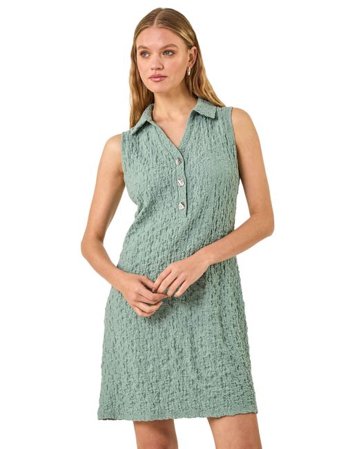 Roman Green Crinkle Collared A-Line Stretch Dress