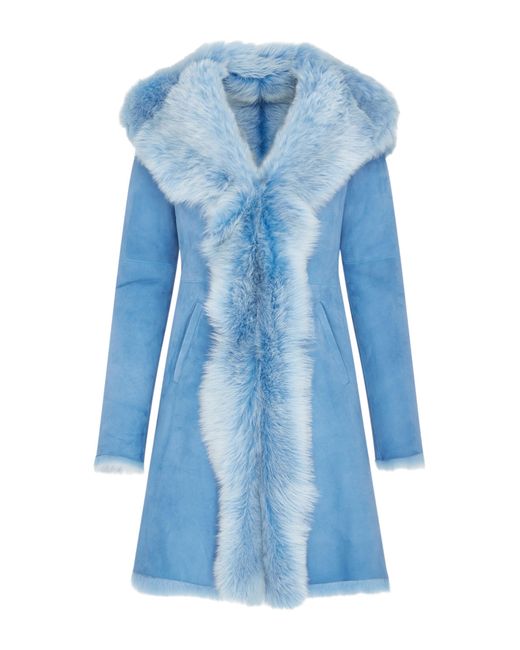 Infinity Leather Blue Toscana Sheepskin Suede Hooded Trench Coat