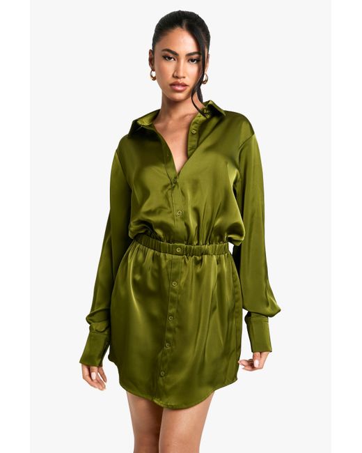 Boohoo Green Satin Shirt Mini Dress