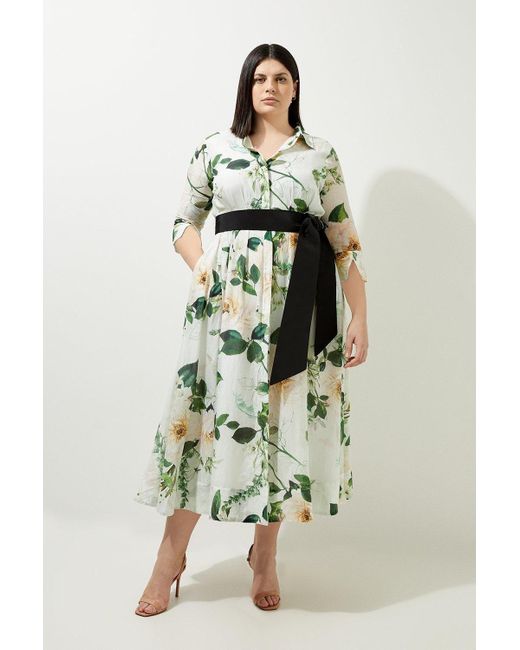 Karen Millen Green Lydia Plus Size Floral Silk Cotton Woven Shirt Dress