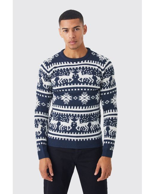 BoohooMAN Blue Reindeer Fair Isle Christmas Jumper for men