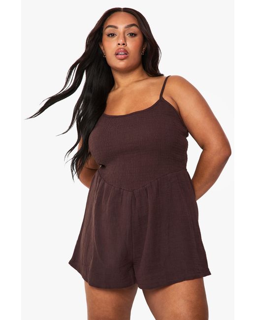 Boohoo Purple Plus Shirred Cheesecloth Flippy Playsuit