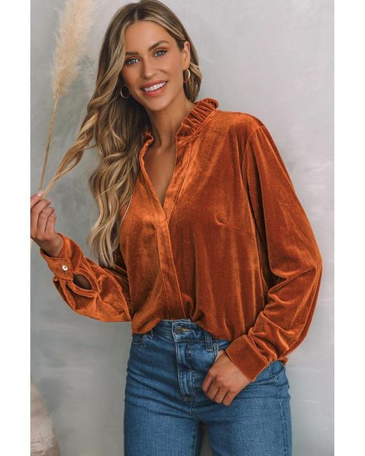 Everyday the Label Orange Damen Bluse Mit Eingeschnittenem Rüschendetail Und Langen Ärmeln