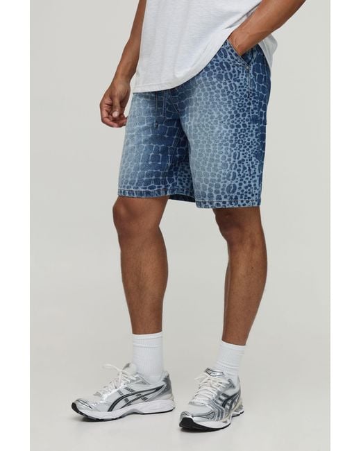 BoohooMAN Blue Relaxed Laser Printed Denim Shorts for men