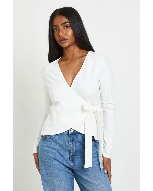Boohoo White Wrap Front Tie Waist Top