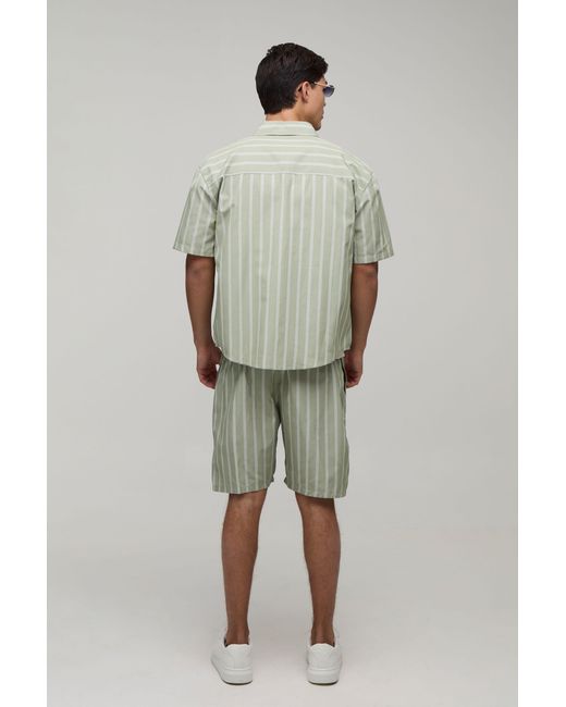 BoohooMAN Green Wide Stripe Oversized Curved Hem Shirt & Baggy Short Set for men