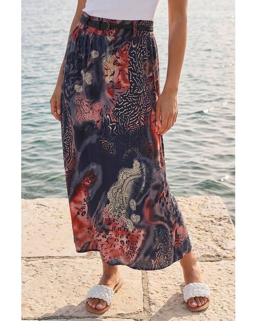 Roman Blue Animal Print Belted Midi Skirt